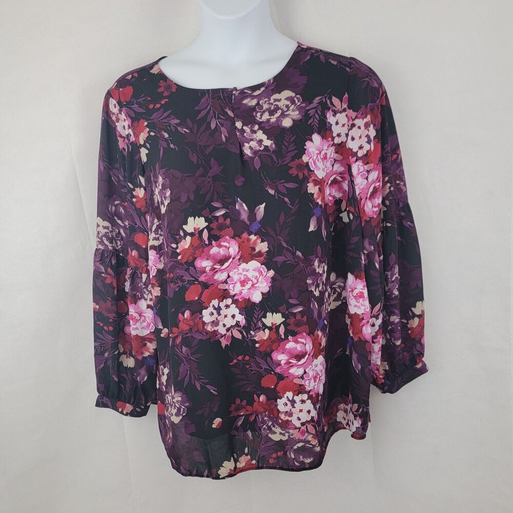 DRESSBARN Womens Top Sz 2X Dark Floral Romantic Semi Sheer Long Sleeve Career